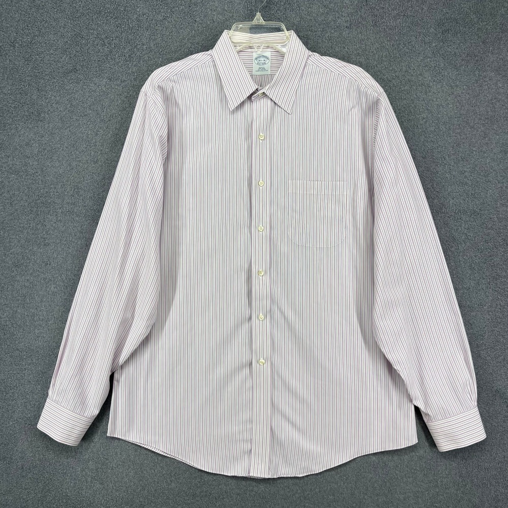 Brooks Brothers Dress Shirt Mens 16.5 36 White Purple Stripe Slim Fit Non-Iron